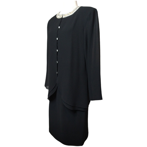 VTG Julian Wilder 2 Pc Black Skirt Suit Women's 10 Beaded Collar Crystal Button - Picture 2 of 13